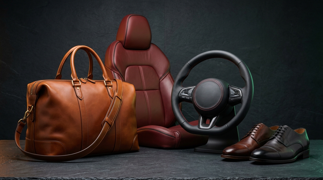 Premium finished leather applications including luxury automotive steering wheel, travel tote, and dress shoes