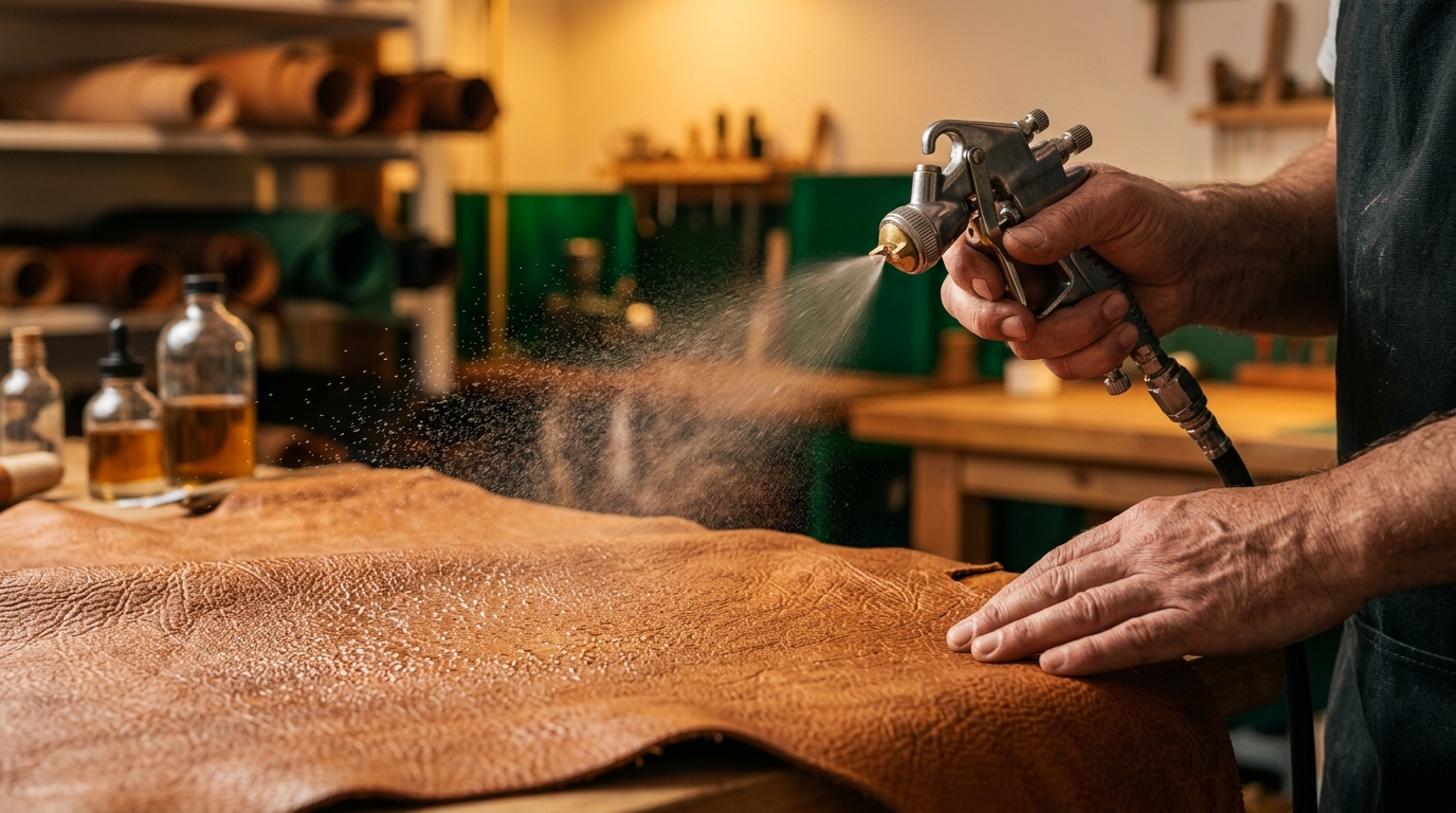 Artisan spray finishing premium leather hide with waterborne polyurethane dispersion coating